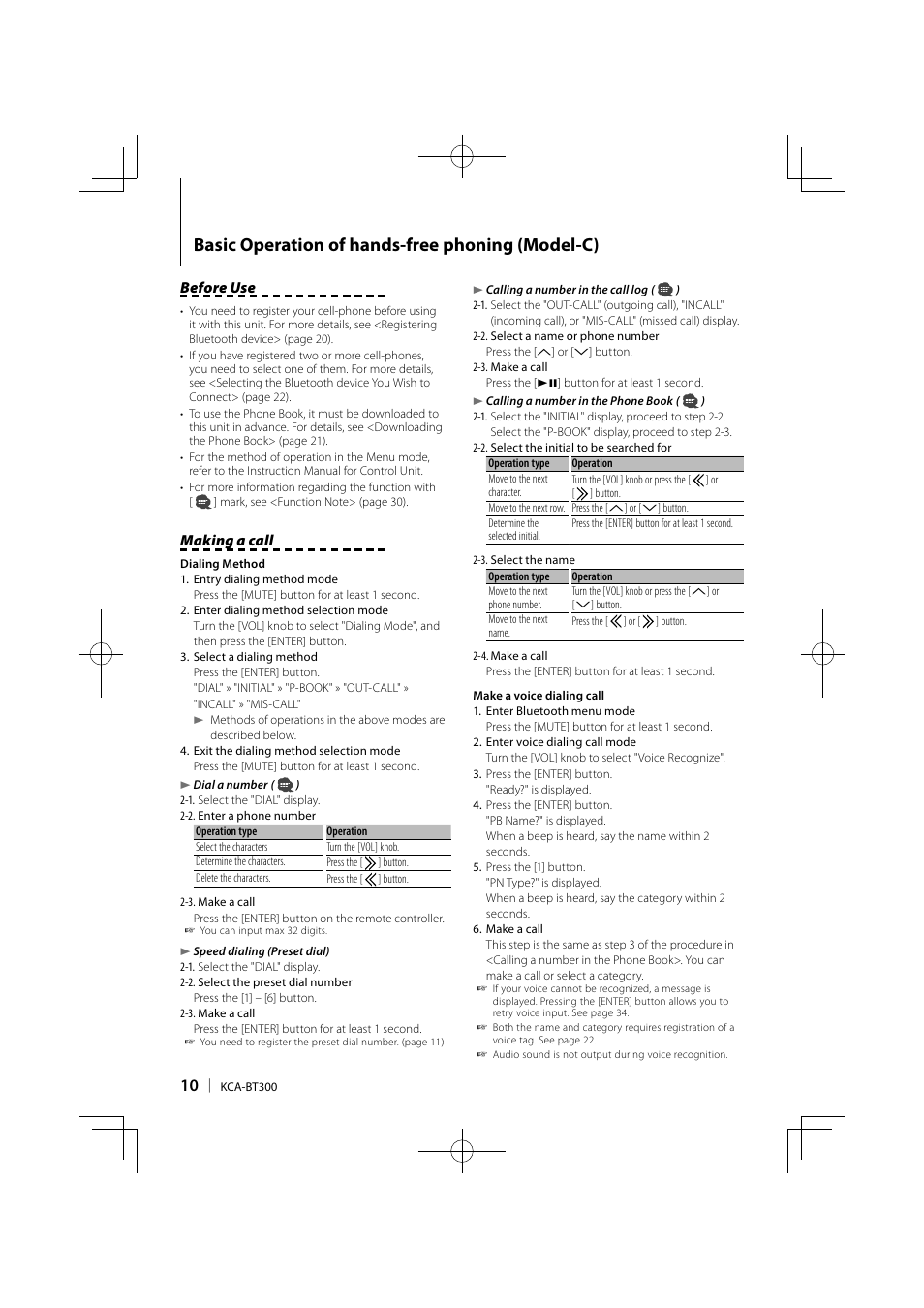 Basic operation of hands-free phoning (model-c), Before use, Making a call | Kenwood KCA-BT300 User Manual | Page 10 / 104