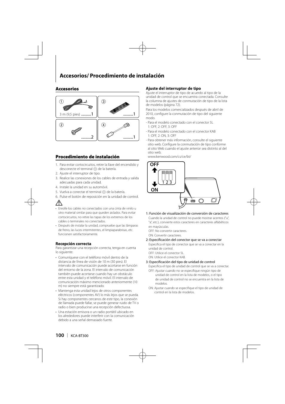 Accesorios/ procedimiento de instalación, Off on | Kenwood KCA-BT300 User Manual | Page 100 / 104