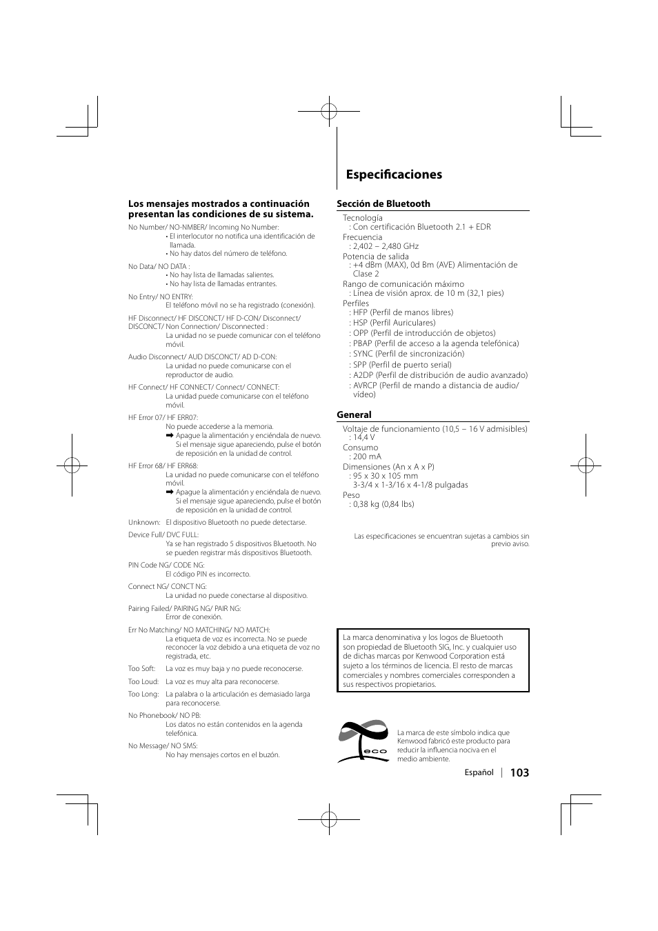 Especifi caciones | Kenwood KCA-BT300 User Manual | Page 103 / 104