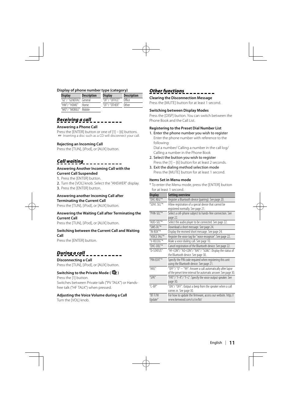 Receiving a call, Call waiting, During a call | Other functions | Kenwood KCA-BT300 User Manual | Page 11 / 104