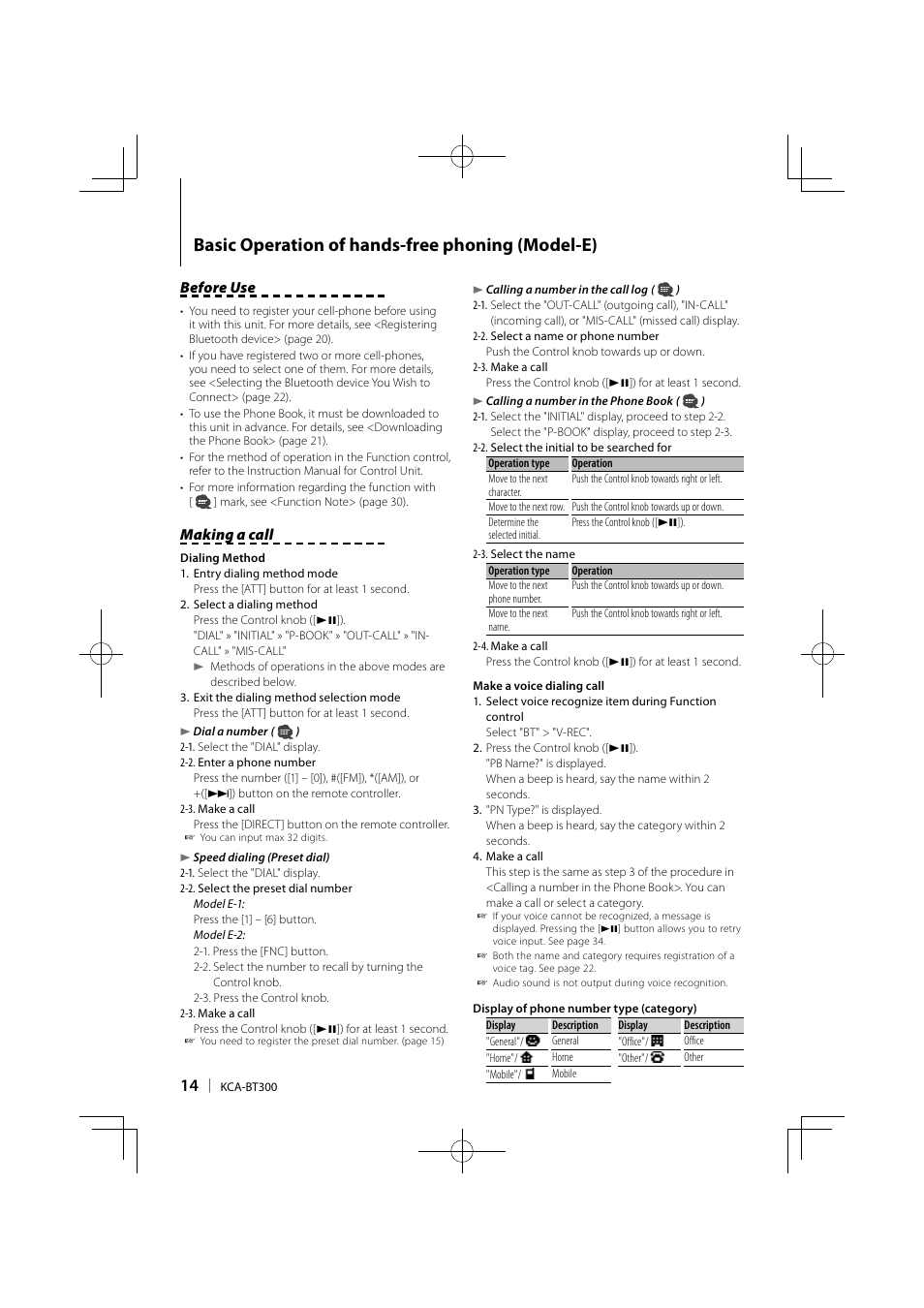 Basic operation of hands-free phoning (model-e), Before use, Making a call | Kenwood KCA-BT300 User Manual | Page 14 / 104