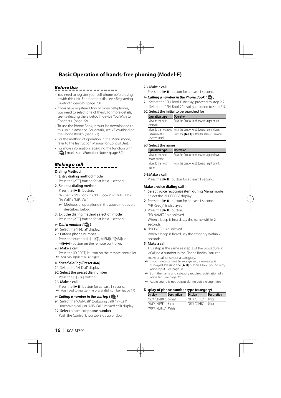 Basic operation of hands-free phoning (model-f), Before use, Making a call | Kenwood KCA-BT300 User Manual | Page 16 / 104