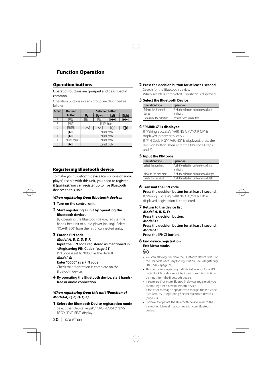 Function operation | Kenwood KCA-BT300 User Manual | Page 20 / 104