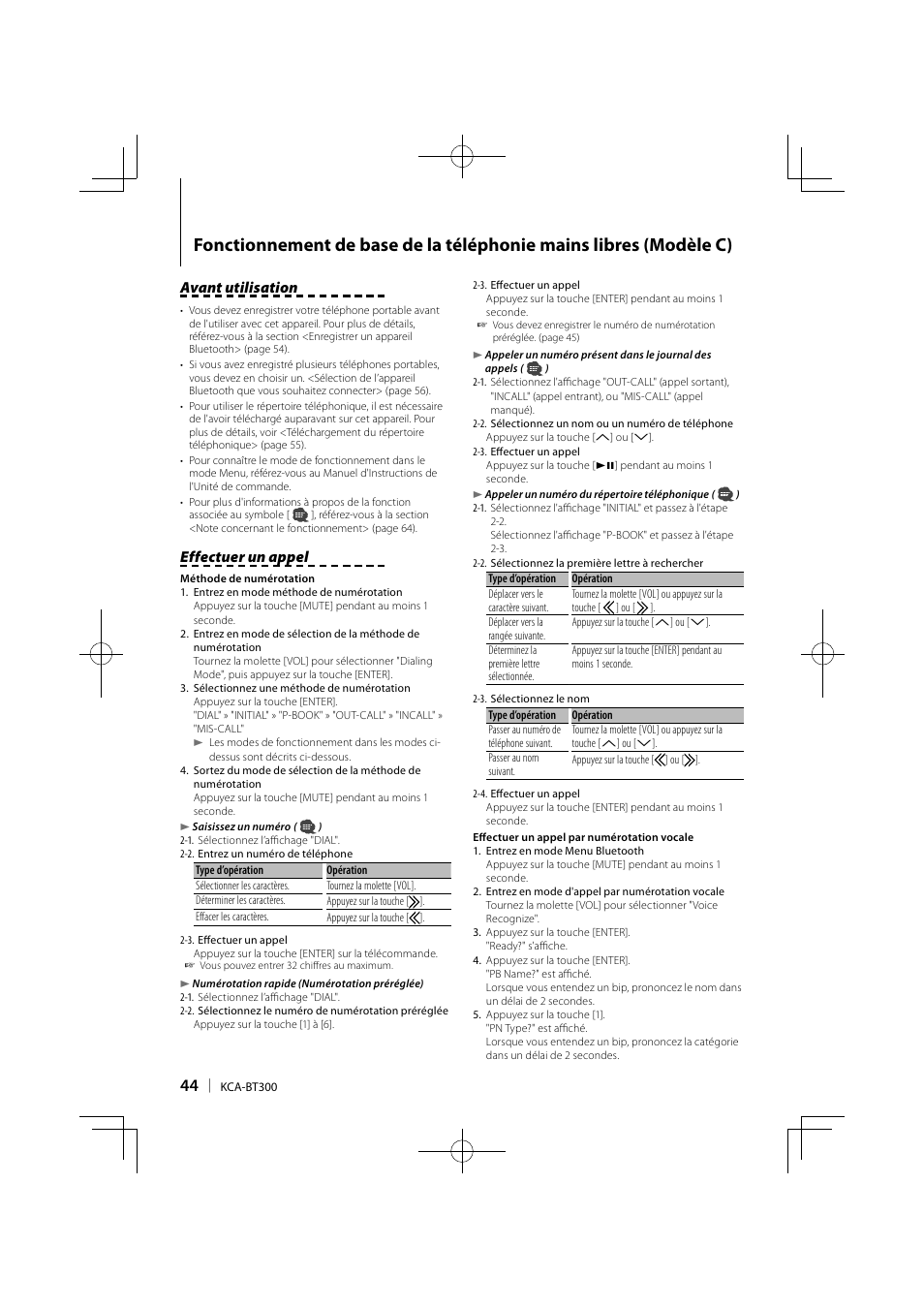 Avant utilisation, Effectuer un appel | Kenwood KCA-BT300 User Manual | Page 44 / 104
