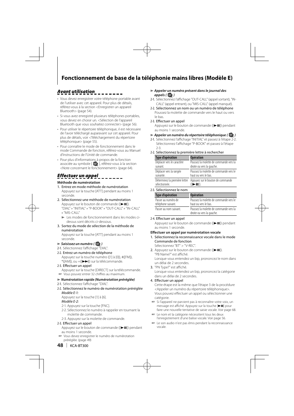 Avant utilisation, Effectuer un appel | Kenwood KCA-BT300 User Manual | Page 48 / 104