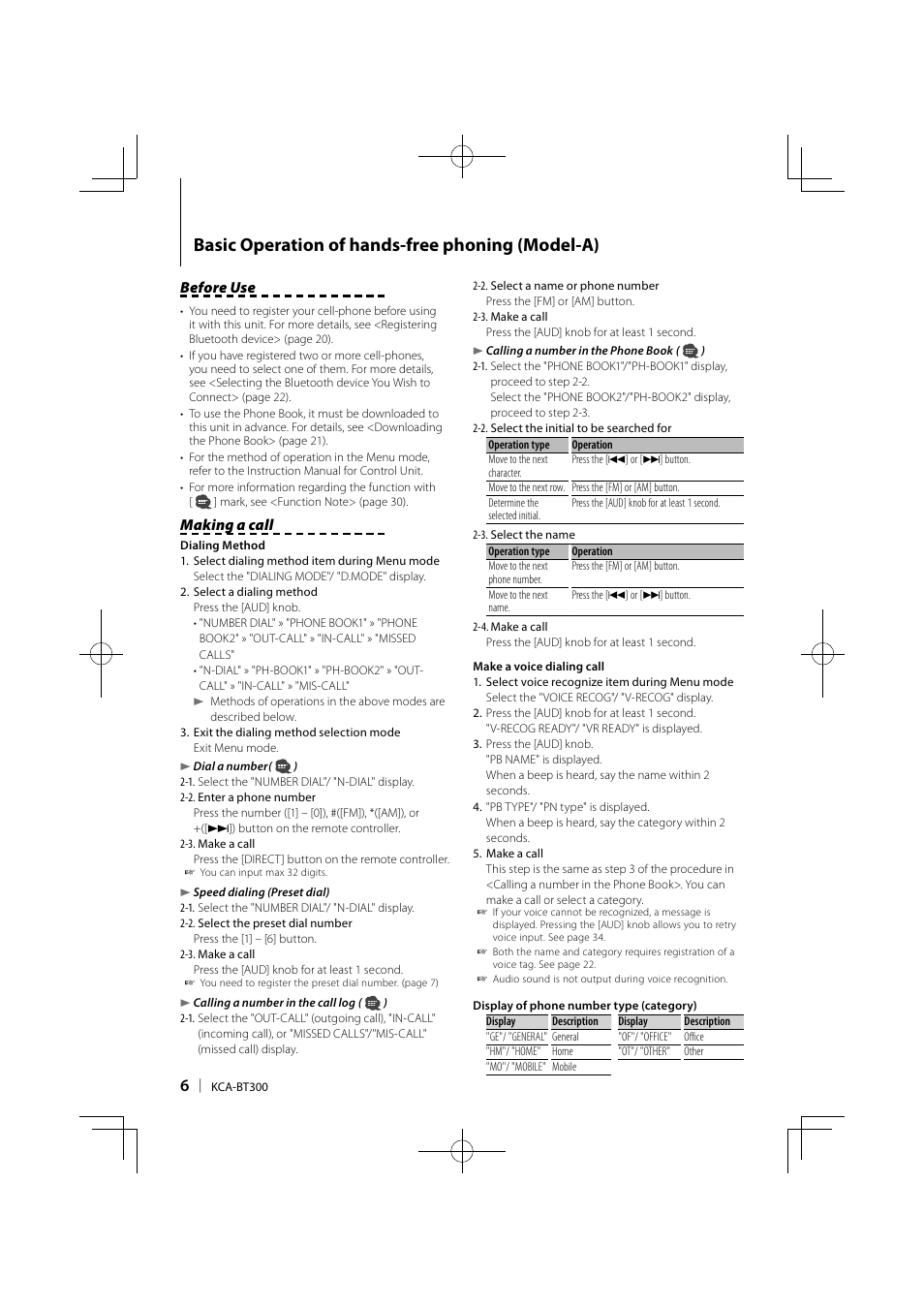 Basic operation of hands-free phoning (model-a), Before use, Making a call | Kenwood KCA-BT300 User Manual | Page 6 / 104