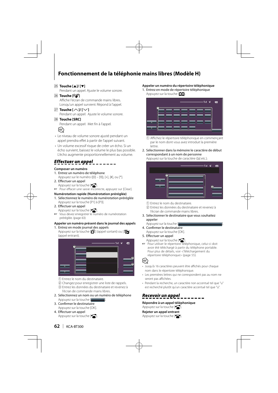 Effectuer un appel, Recevoir un appel | Kenwood KCA-BT300 User Manual | Page 62 / 104