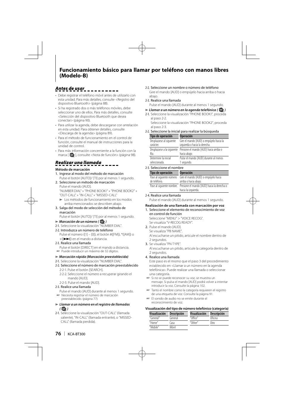Antes de usar, Realizar una llamada | Kenwood KCA-BT300 User Manual | Page 76 / 104