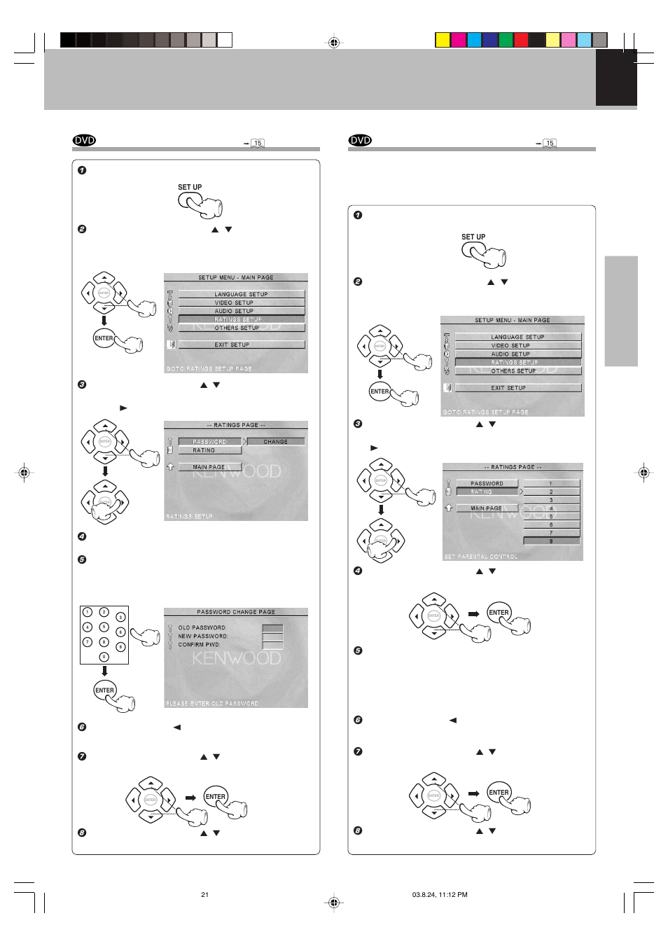 Change password, Select rating level, Set up functions | Kenwood DVF-S500 User Manual | Page 21 / 40