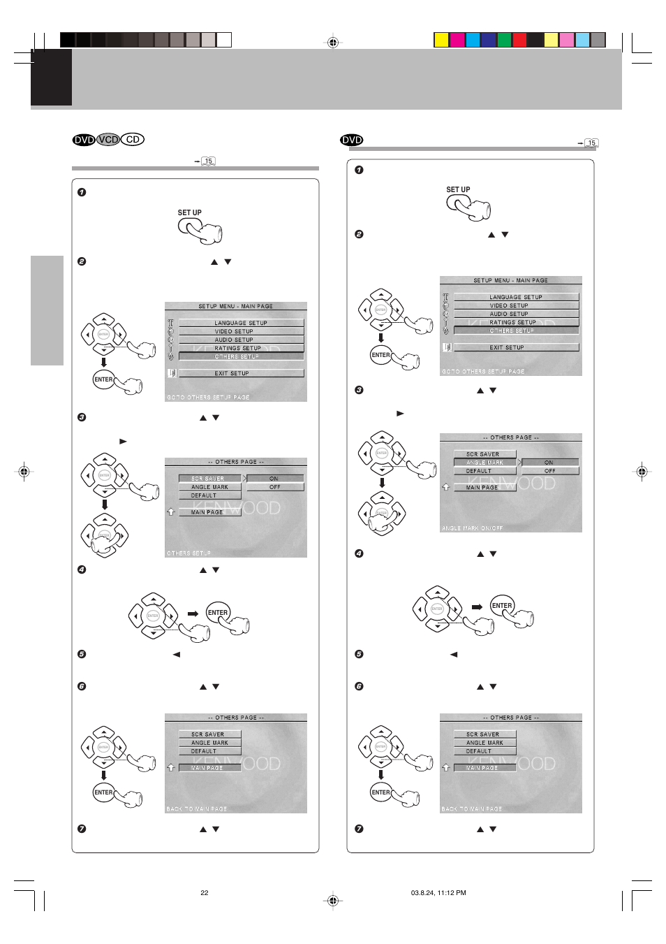 Select screen saver on or off, Select angle mark on or off | Kenwood DVF-S500 User Manual | Page 22 / 40