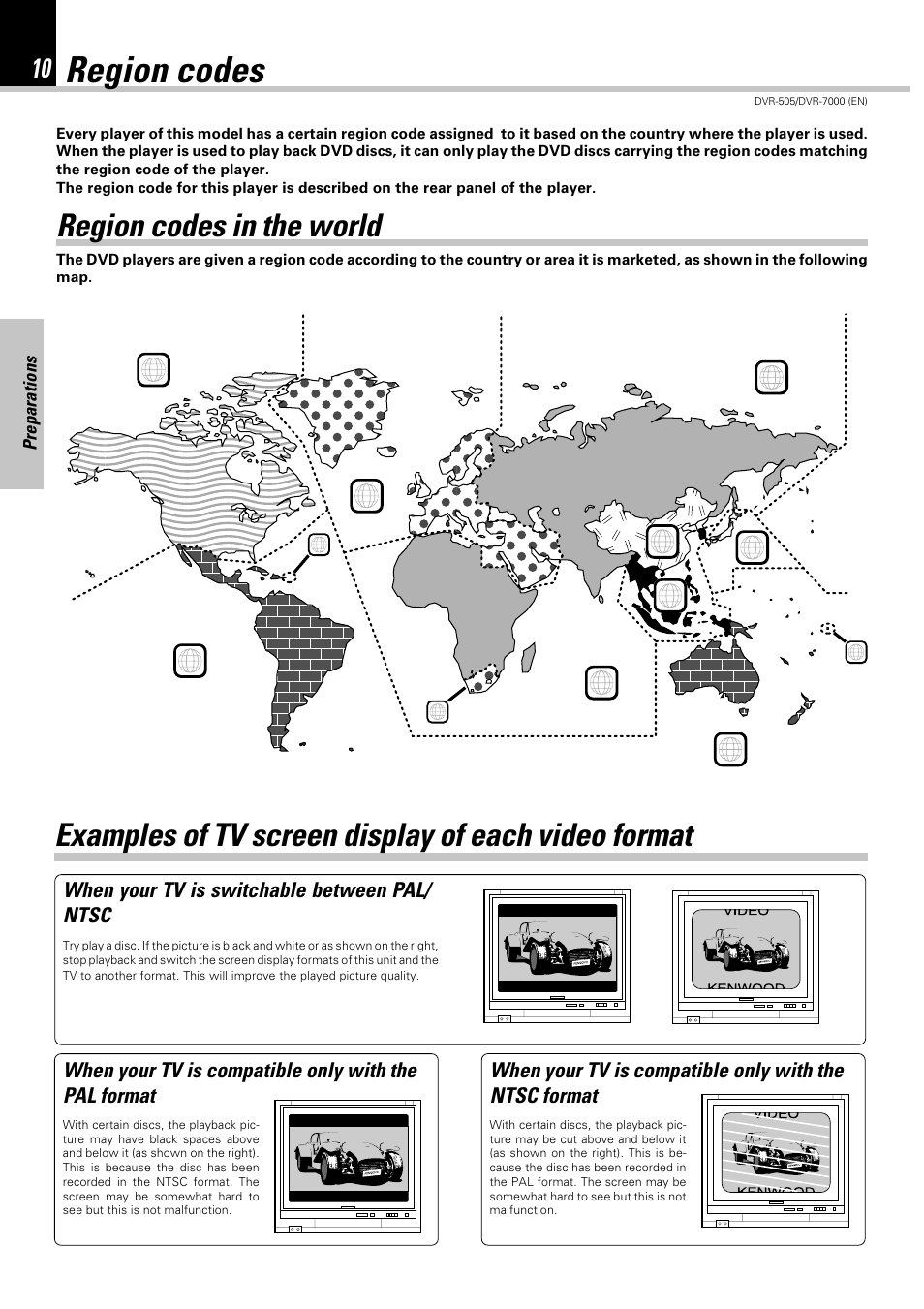 Region codes, Region codes in the world, Examples of tv screen display of each video format | Kenwood DVR-505 User Manual | Page 10 / 68