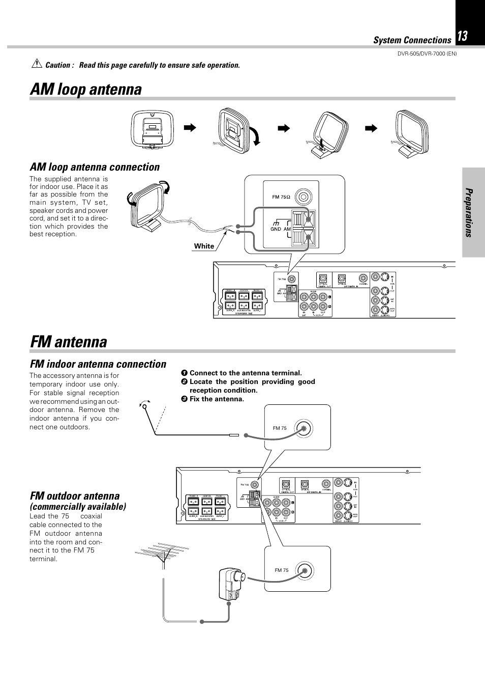 Am loop antenna fm antenna, Am loop antenna connection, Fm indoor antenna connection | Fm outdoor antenna | Kenwood DVR-505 User Manual | Page 13 / 68