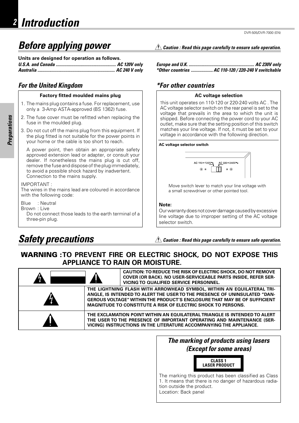 Introduction, Safety precautions, Before applying power | For the united kingdom, For other countries | Kenwood DVR-505 User Manual | Page 2 / 68