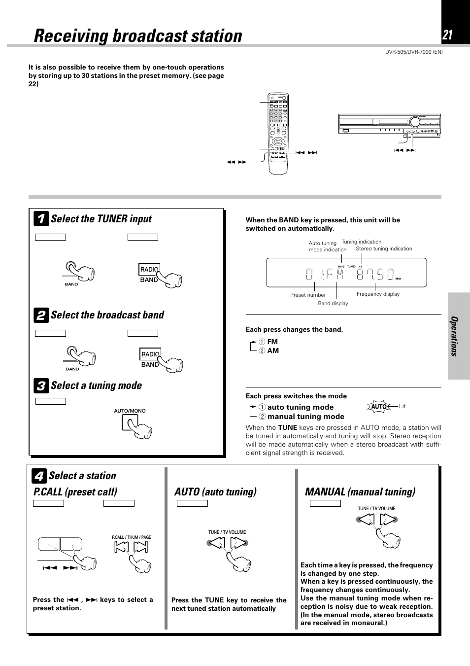 Receiving broadcast station, Select the tuner input, Select the broadcast band | Select a tuning mode, Select a station, Operations | Kenwood DVR-505 User Manual | Page 21 / 68