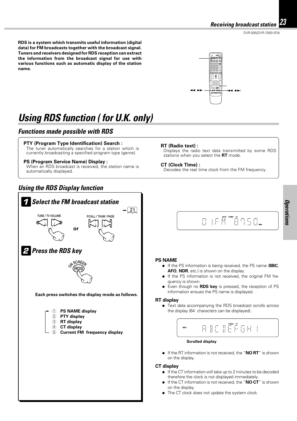 Using rds function ( for u.k. only), Functions made possible with rds, Press the rds key | Operations receiving broadcast station | Kenwood DVR-505 User Manual | Page 23 / 68