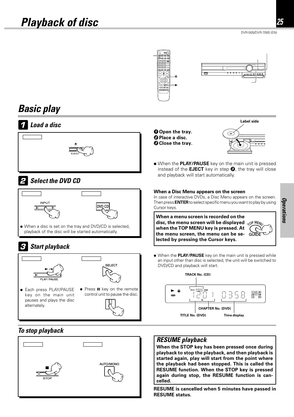 Playback of disc, Basic play, Load a disc | Start playback, Resume playback, Select the dvd cd, Operations | Kenwood DVR-505 User Manual | Page 25 / 68