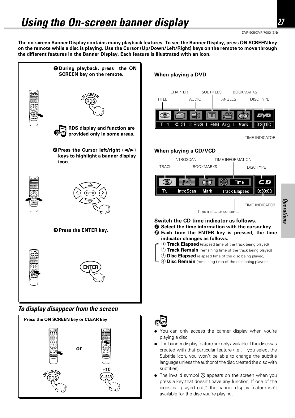 Using the on-screen banner display, Operations | Kenwood DVR-505 User Manual | Page 27 / 68