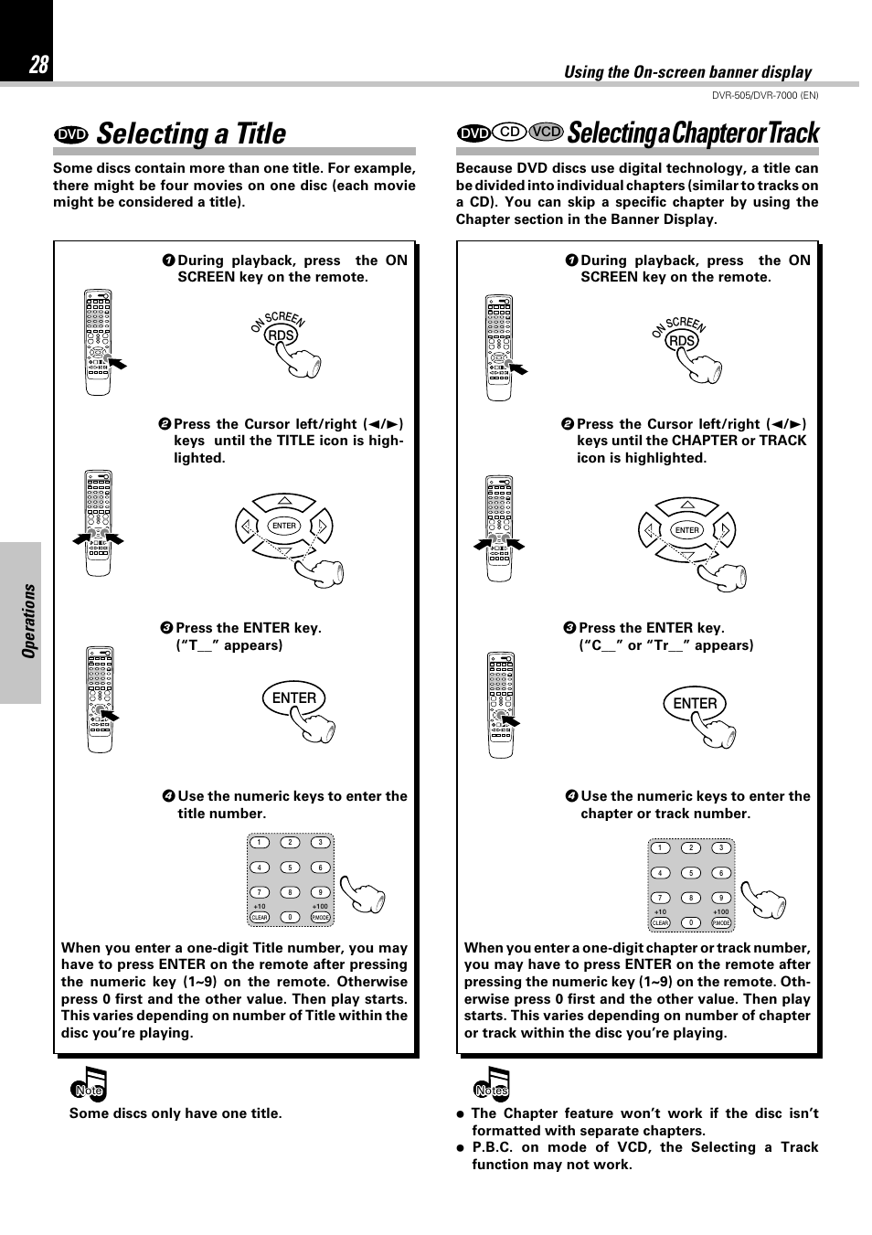 Selecting a title, Selecting a chapter or track, Operations | Using the on-screen banner display, Enter | Kenwood DVR-505 User Manual | Page 28 / 68
