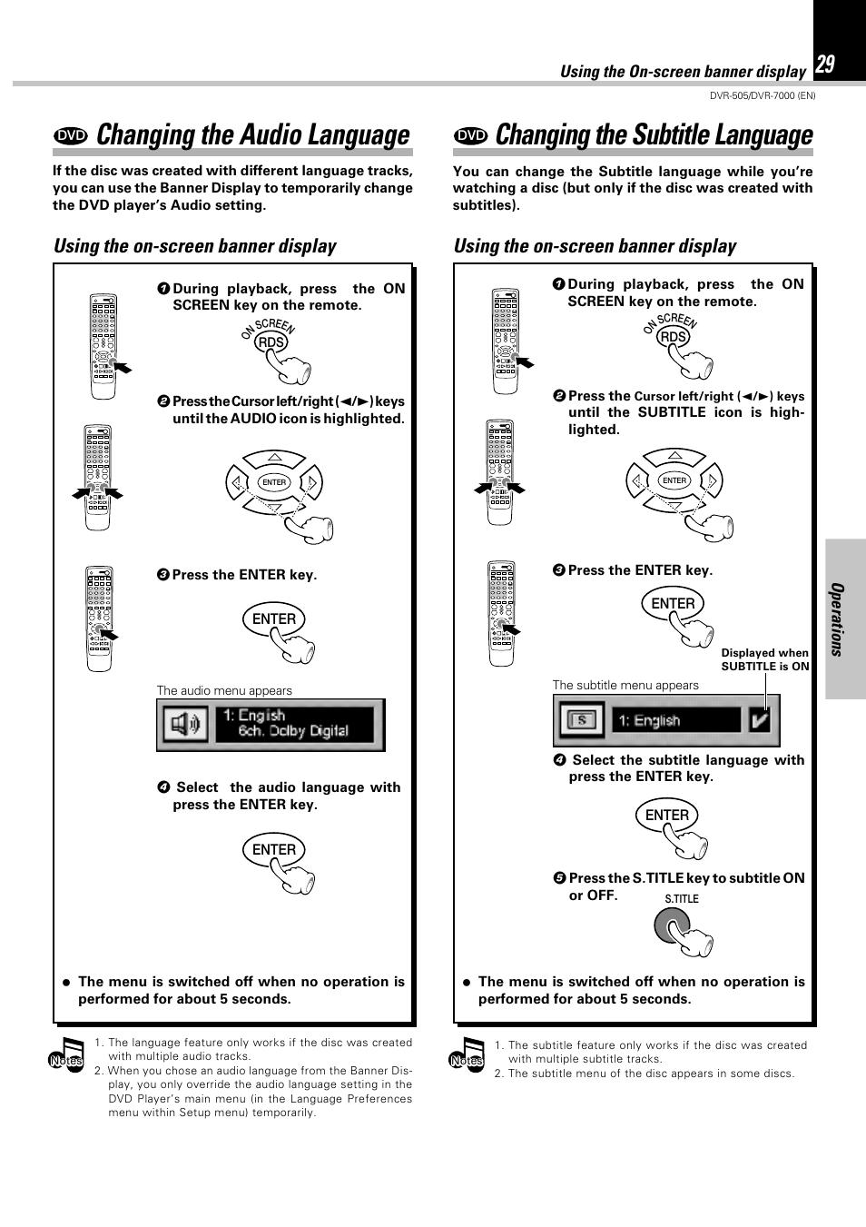 Changing the audio language, Changing the subtitle language, Using the on-screen banner display | Operations | Kenwood DVR-505 User Manual | Page 29 / 68