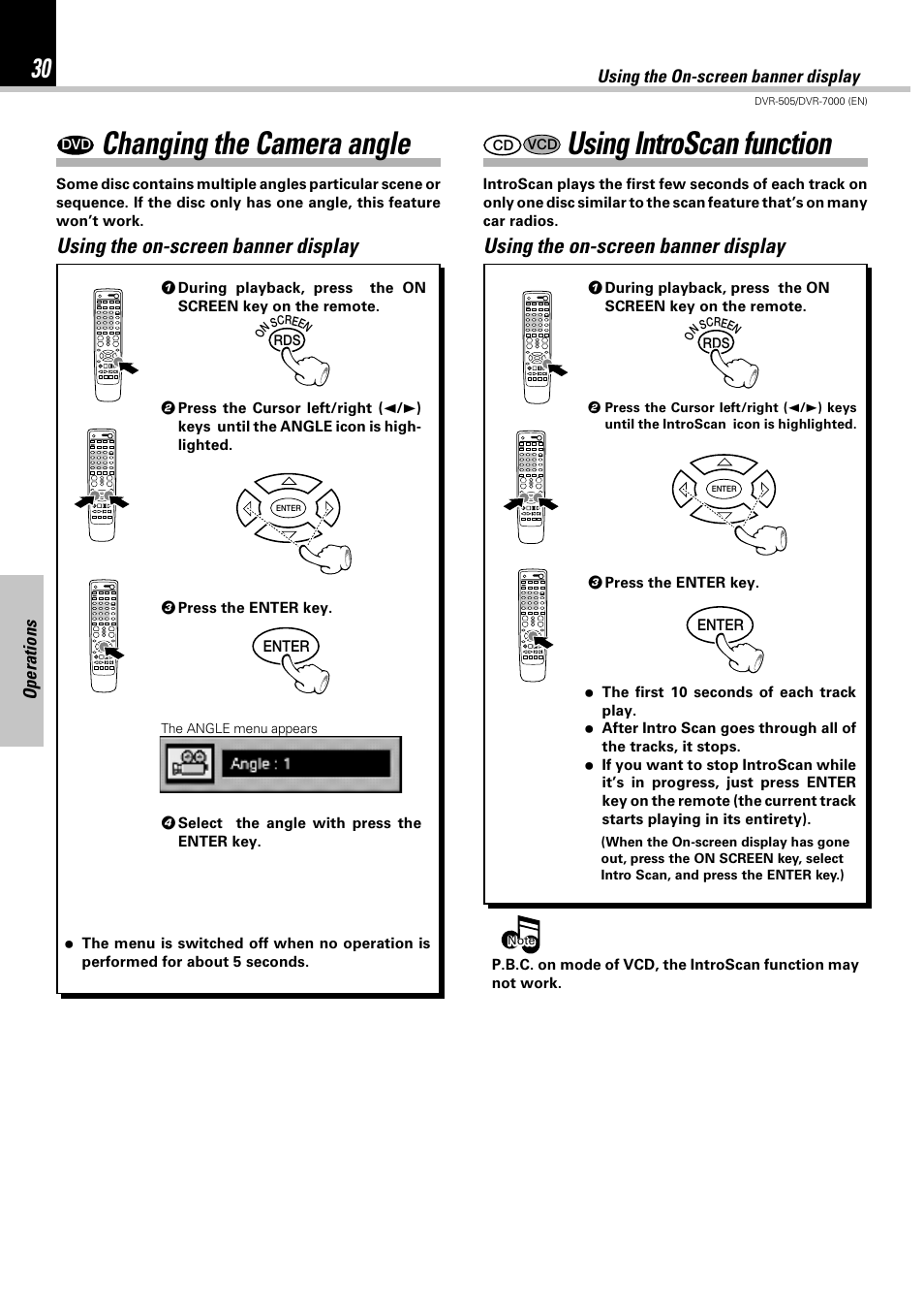 Changing the camera angle, Using introscan function, Using the on-screen banner display | Operations | Kenwood DVR-505 User Manual | Page 30 / 68