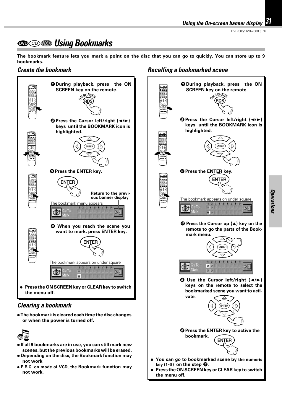 Using bookmarks, Operations, Using the on-screen banner display | Kenwood DVR-505 User Manual | Page 31 / 68