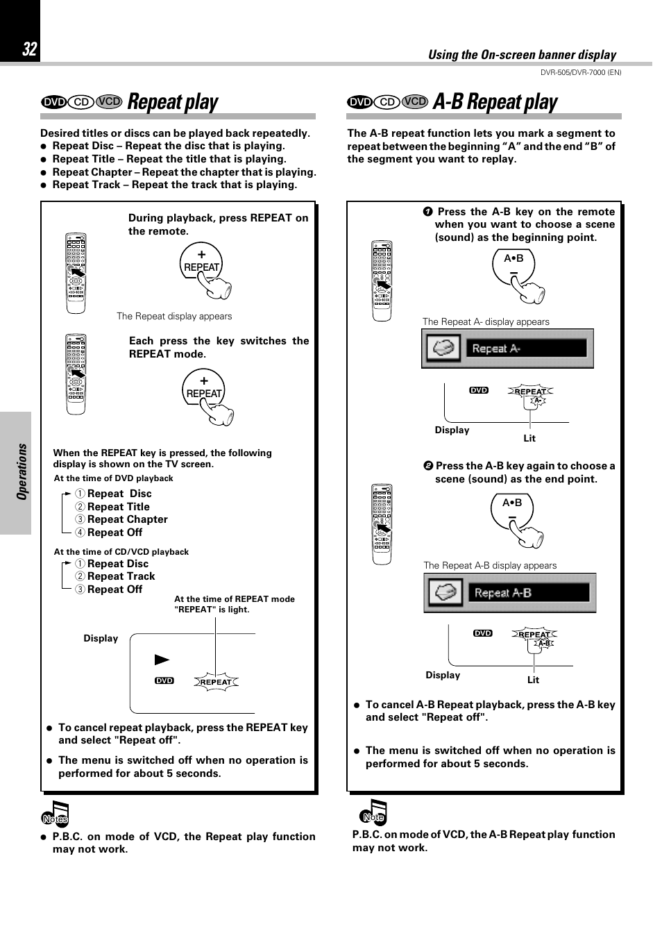 Repeat play, A-b repeat play, Operations | Using the on-screen banner display | Kenwood DVR-505 User Manual | Page 32 / 68
