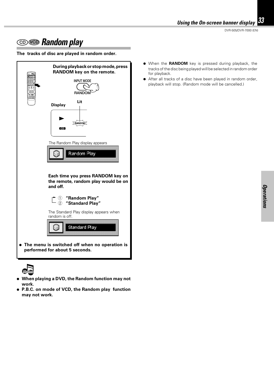 Random play, Operations, Using the on-screen banner display | Kenwood DVR-505 User Manual | Page 33 / 68