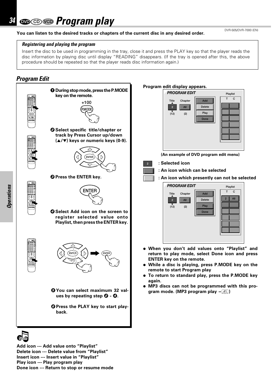 Program play, Program edit, Operations | Registering and playing the program | Kenwood DVR-505 User Manual | Page 34 / 68