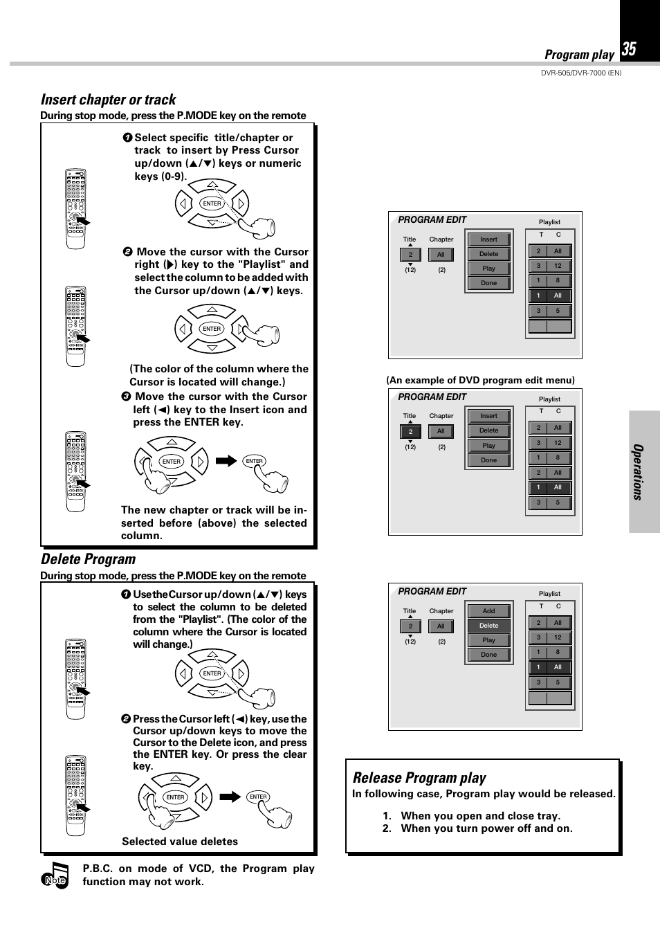 Insert chapter or track, Delete program, Release program play | Operations program play | Kenwood DVR-505 User Manual | Page 35 / 68