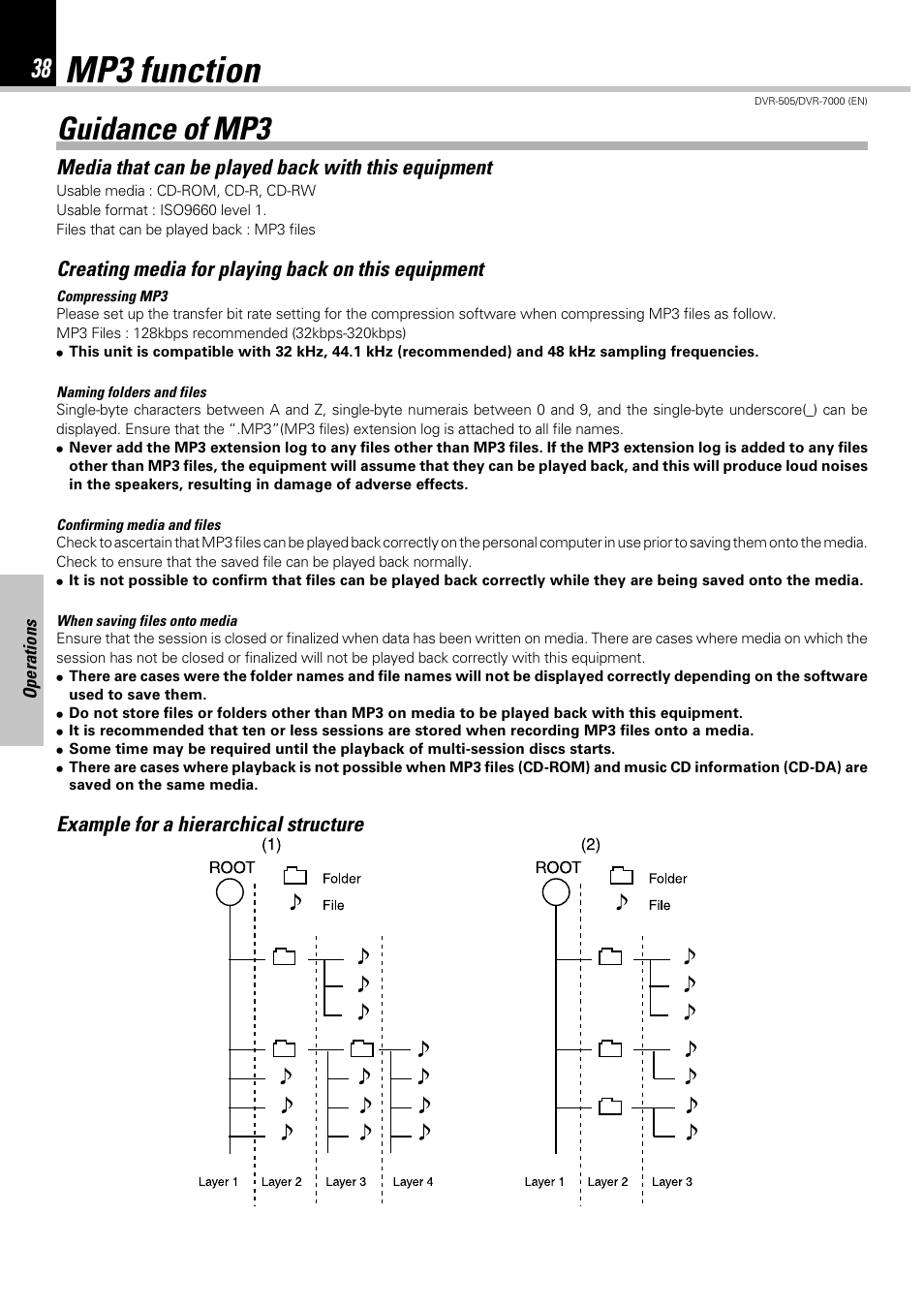 Mp3 function, Guidance of mp3, Media that can be played back with this equipment | Creating media for playing back on this equipment, Example for a hierarchical structure | Kenwood DVR-505 User Manual | Page 38 / 68