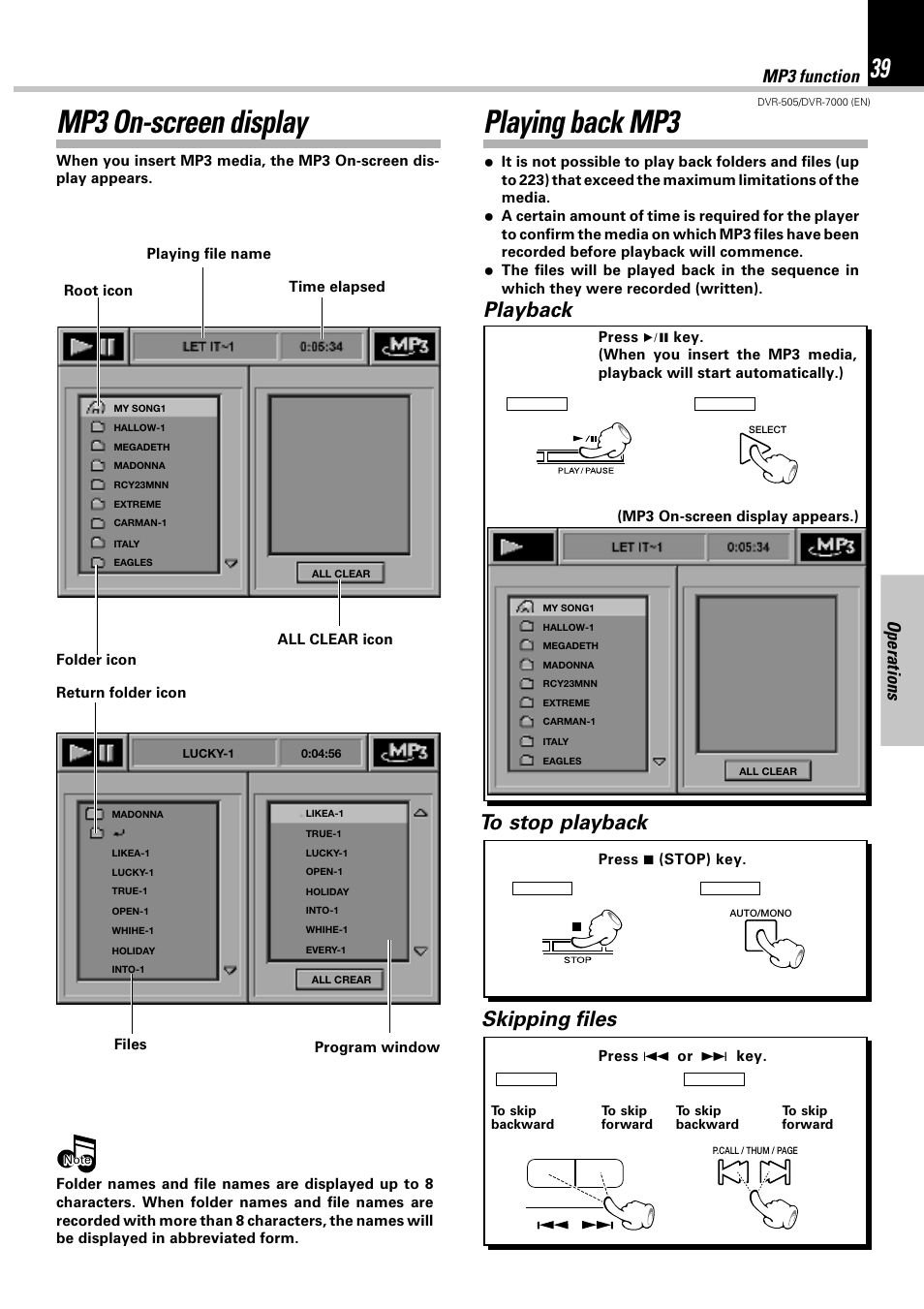 Mp3 on-screen display playing back mp3, Playback, Skipping files | Operations, Mp3 function | Kenwood DVR-505 User Manual | Page 39 / 68
