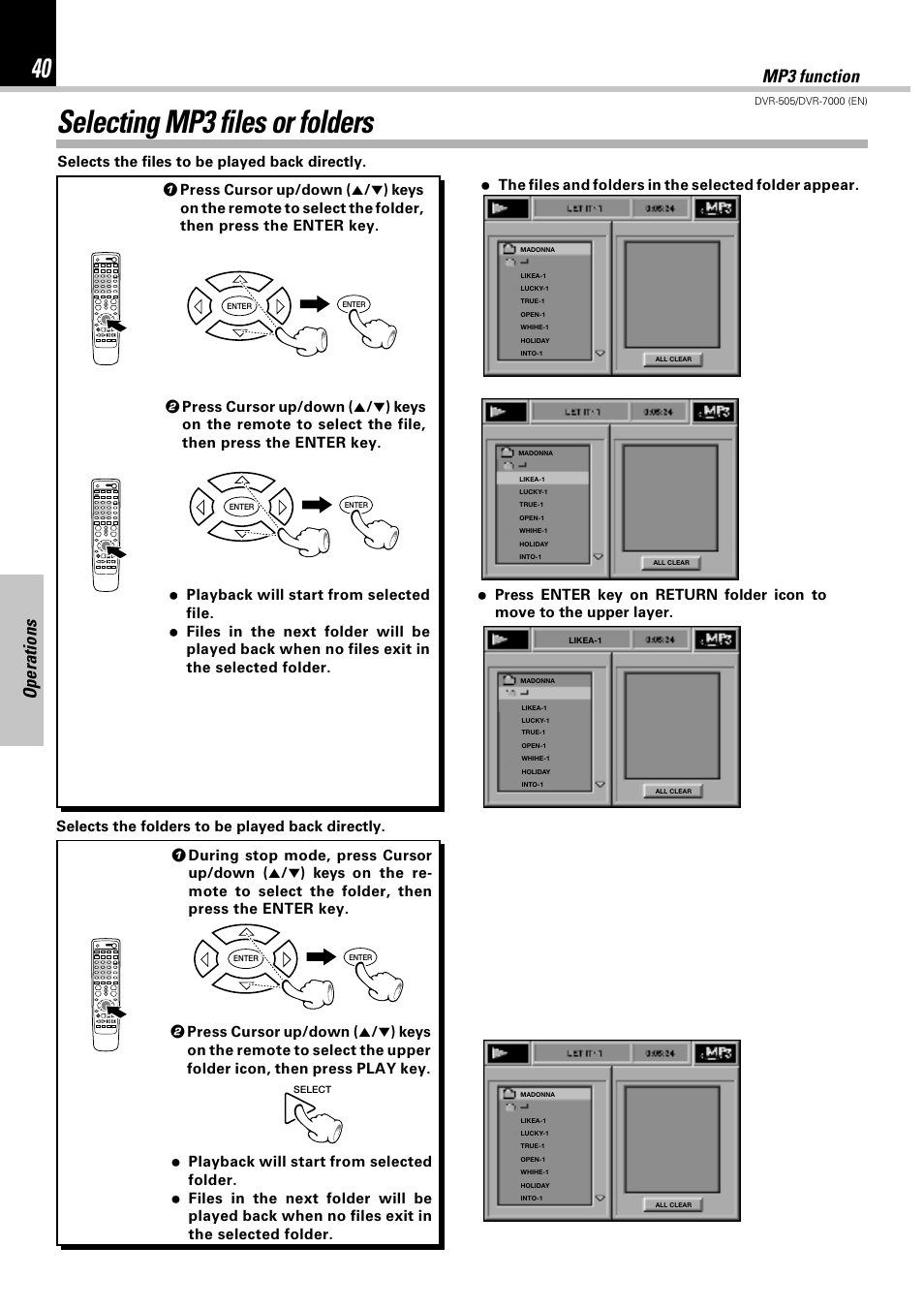 Selecting mp3 files or folders, Operations, Mp3 function | Kenwood DVR-505 User Manual | Page 40 / 68