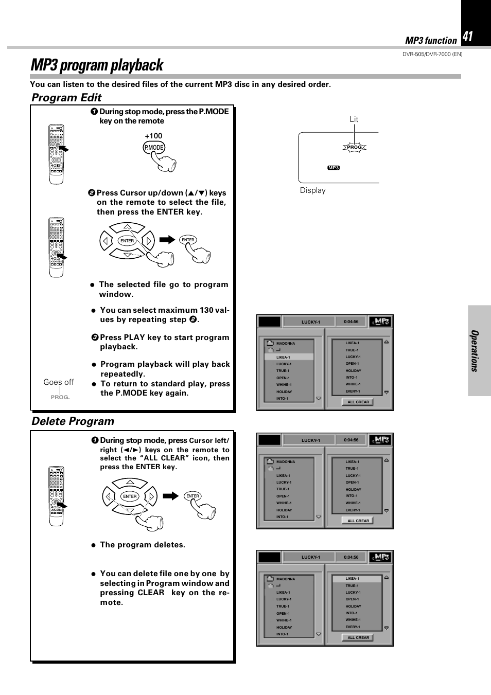 Mp3 program playback, Program edit, Delete program | Operations, Mp3 function, 1 during stop mode, press, Lit goes off display | Kenwood DVR-505 User Manual | Page 41 / 68