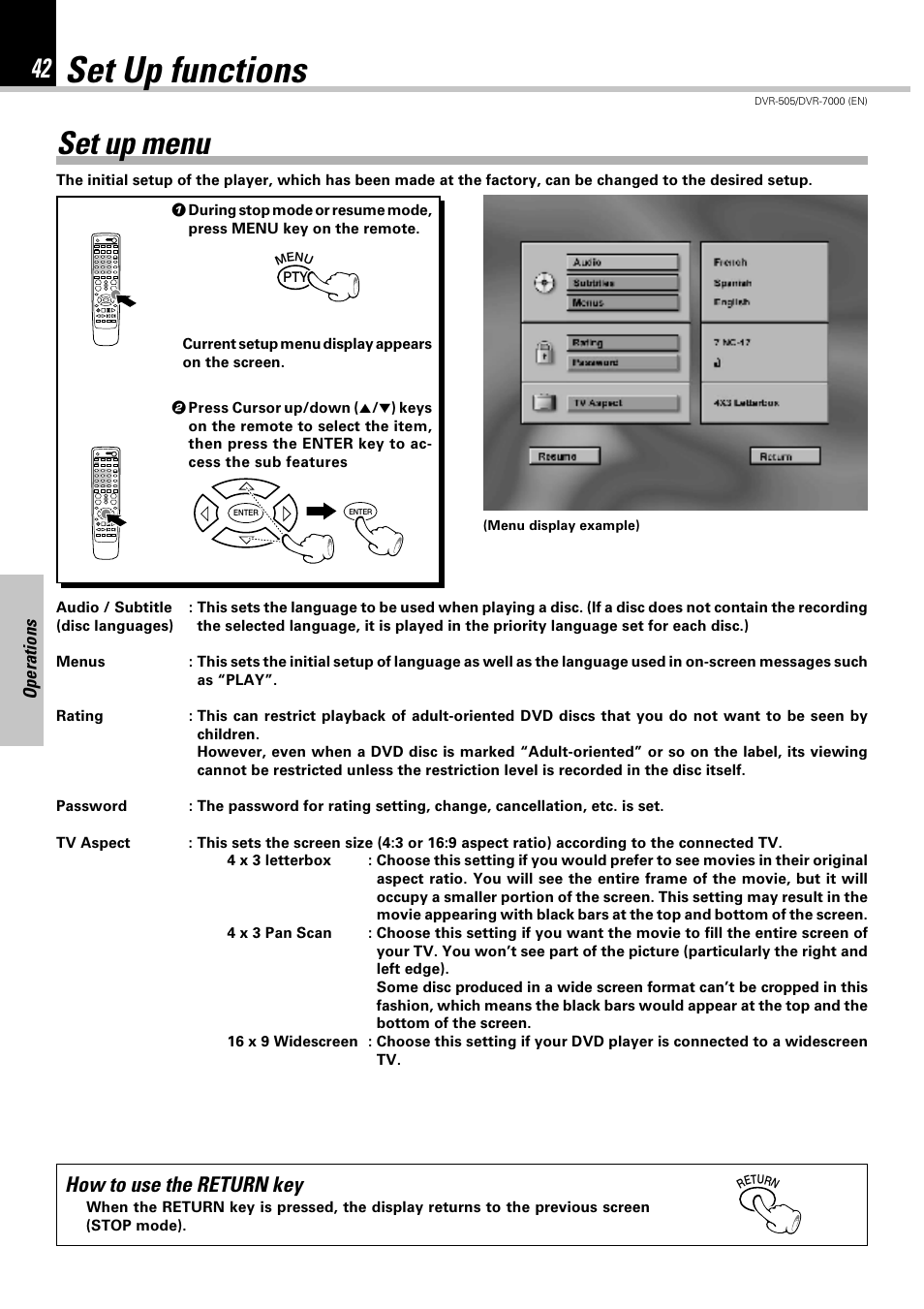 Set up functions, Set up menu, How to use the return key | Kenwood DVR-505 User Manual | Page 42 / 68