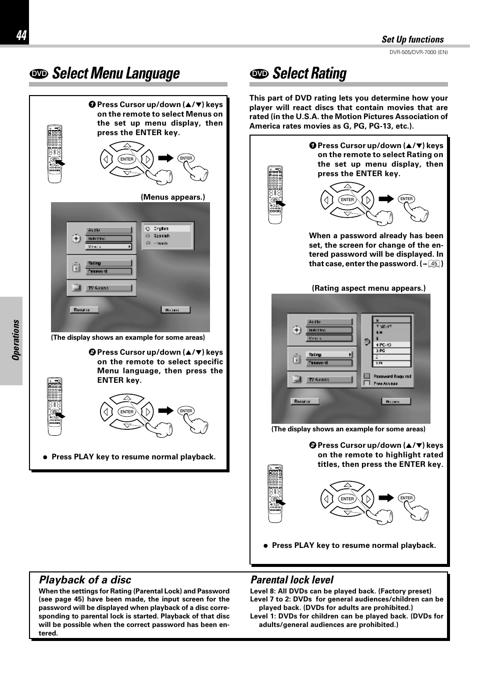 Select menu language, Select rating, Parental lock level | Playback of a disc, Operations, Set up functions | Kenwood DVR-505 User Manual | Page 44 / 68