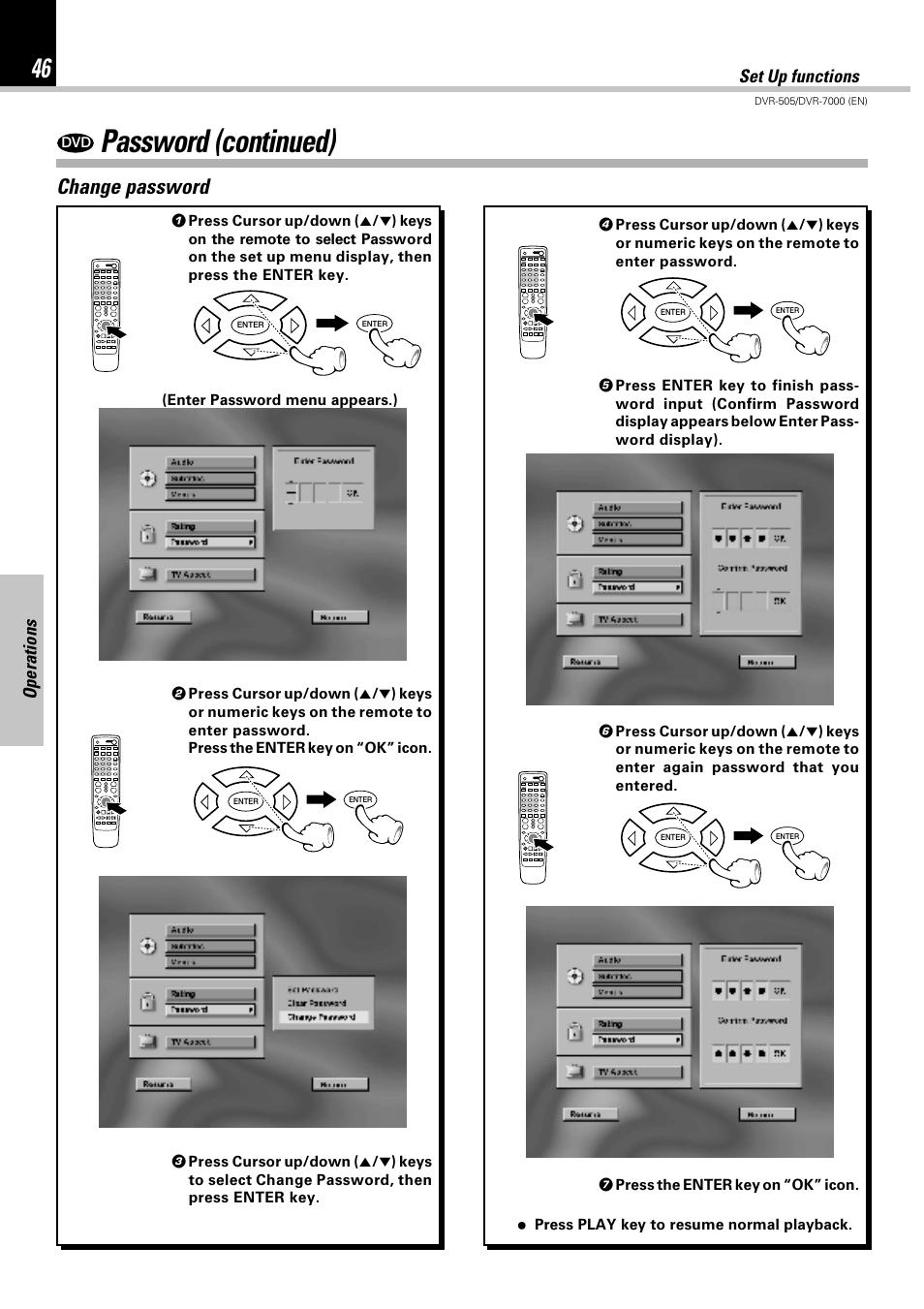 Password (continued), Change password, Operations | Set up functions | Kenwood DVR-505 User Manual | Page 46 / 68