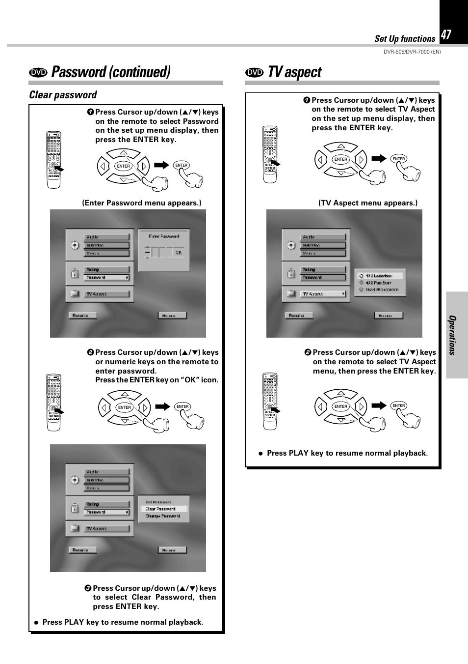 Password (continued), Tv aspect, Clear password | Operations, Set up functions | Kenwood DVR-505 User Manual | Page 47 / 68