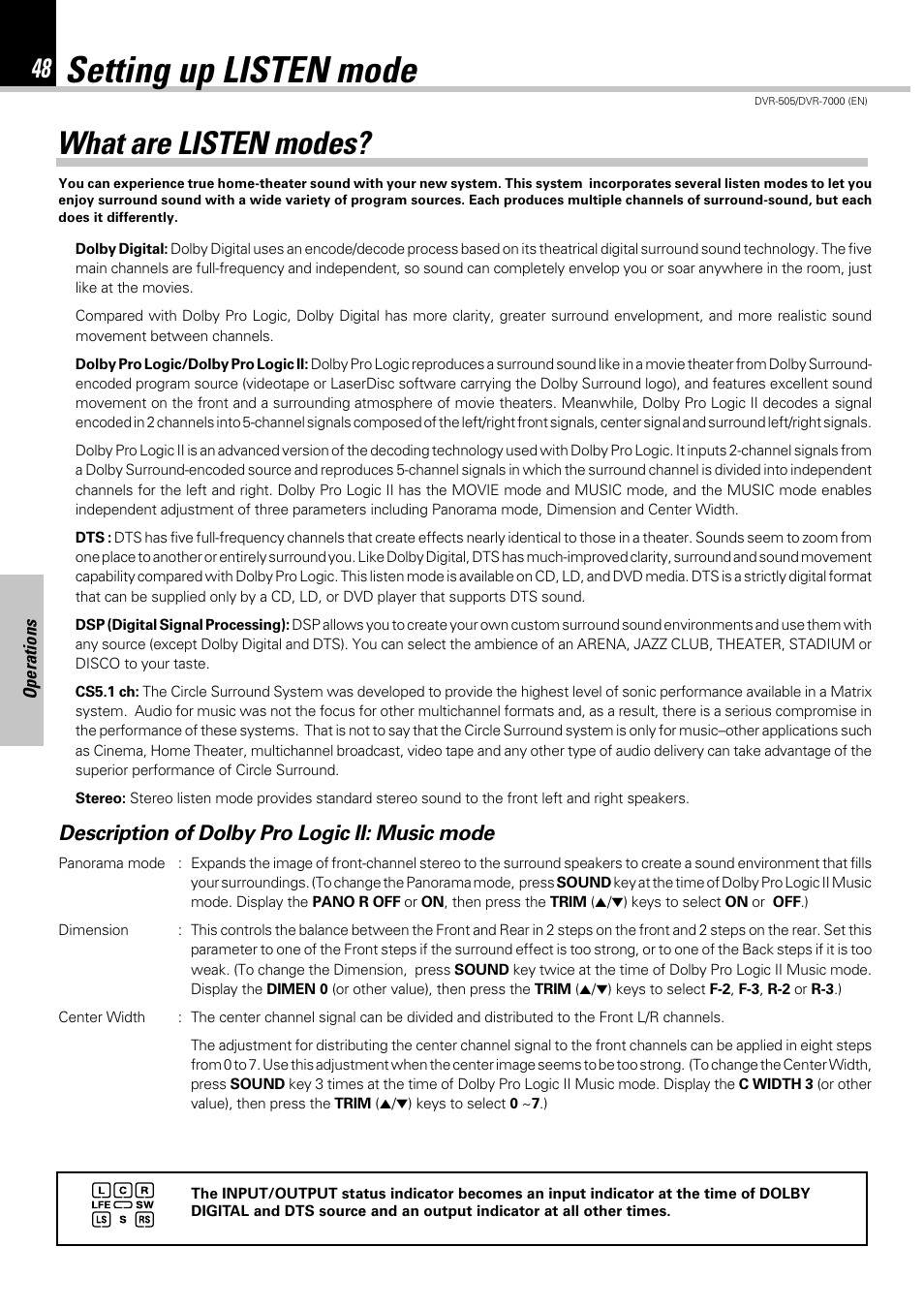 Setting up listen mode, What are listen modes, Description of dolby pro logic ii: music mode | Kenwood DVR-505 User Manual | Page 48 / 68