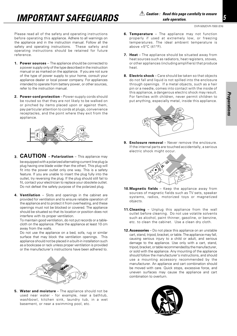 Important safeguards, Caution, Preparations | Kenwood DVR-505 User Manual | Page 5 / 68