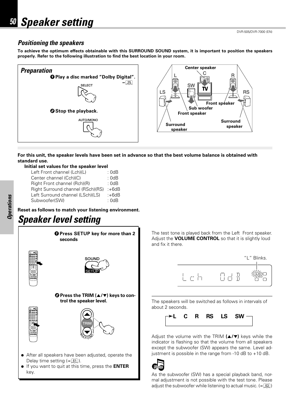 Speaker setting, Speaker level setting, Positioning the speakers | Preparation, Operations | Kenwood DVR-505 User Manual | Page 50 / 68