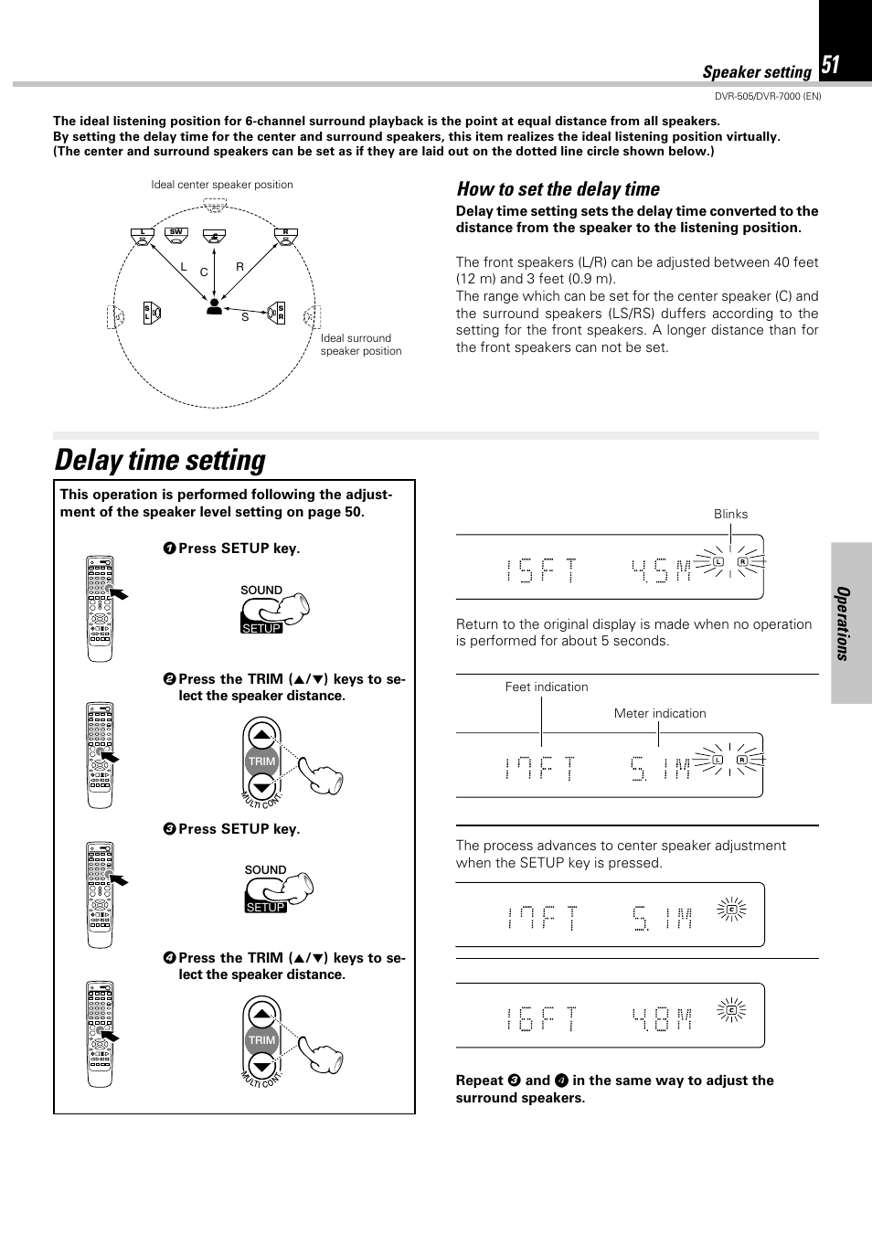 Delay time setting, How to set the delay time, Operations speaker setting | Kenwood DVR-505 User Manual | Page 51 / 68