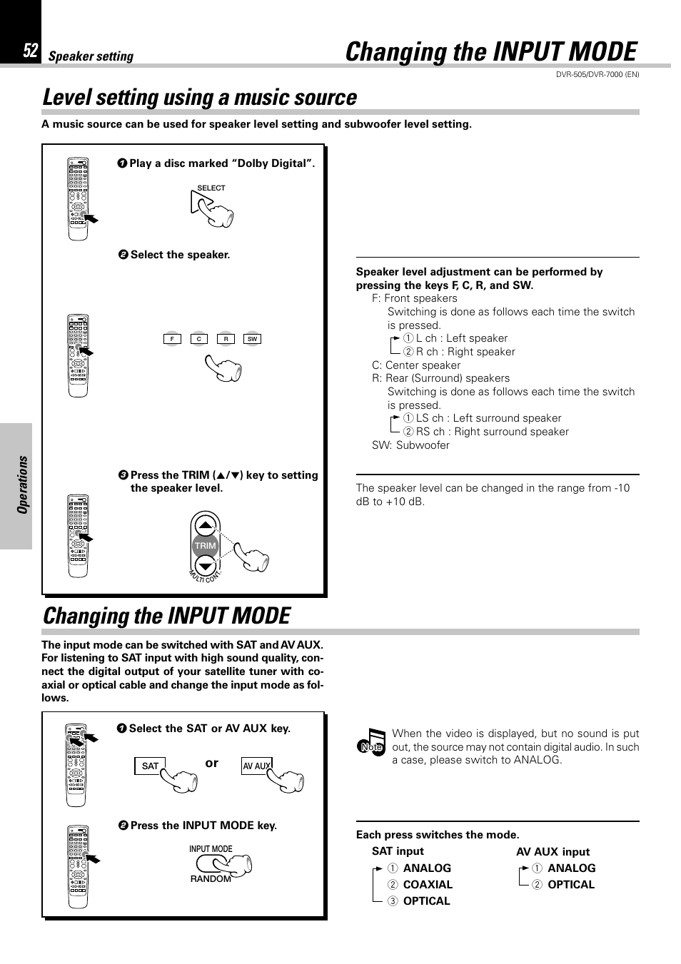 Level setting using a music source, Changing the input mode, Operations speaker setting | Kenwood DVR-505 User Manual | Page 52 / 68