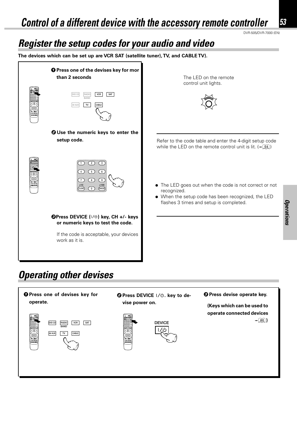 Register the setup codes for your audio and video, Operating other devises, Operations | Kenwood DVR-505 User Manual | Page 53 / 68