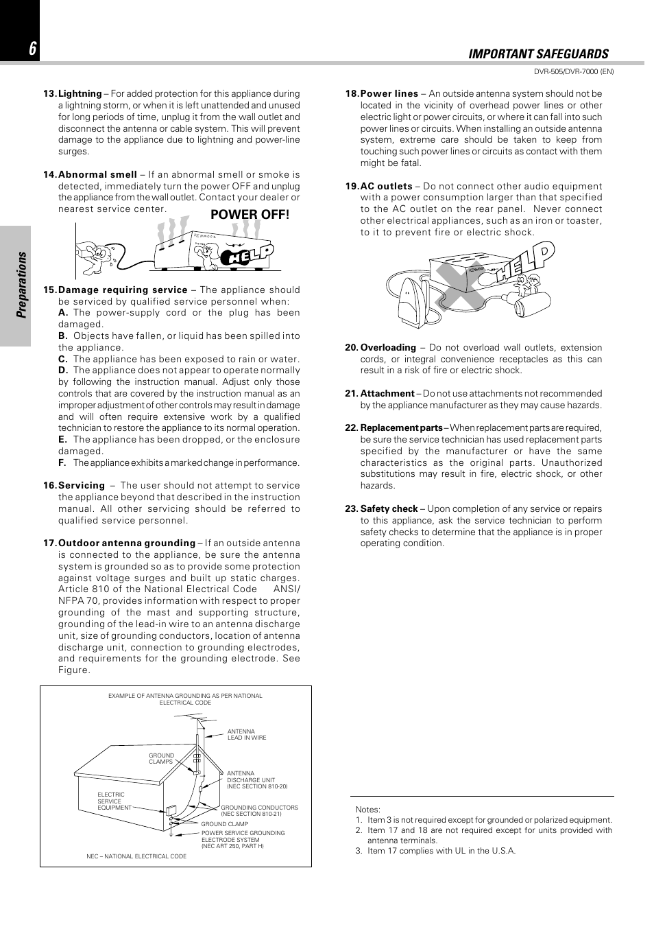 Preparations, Important safeguards, Power off | Kenwood DVR-505 User Manual | Page 6 / 68