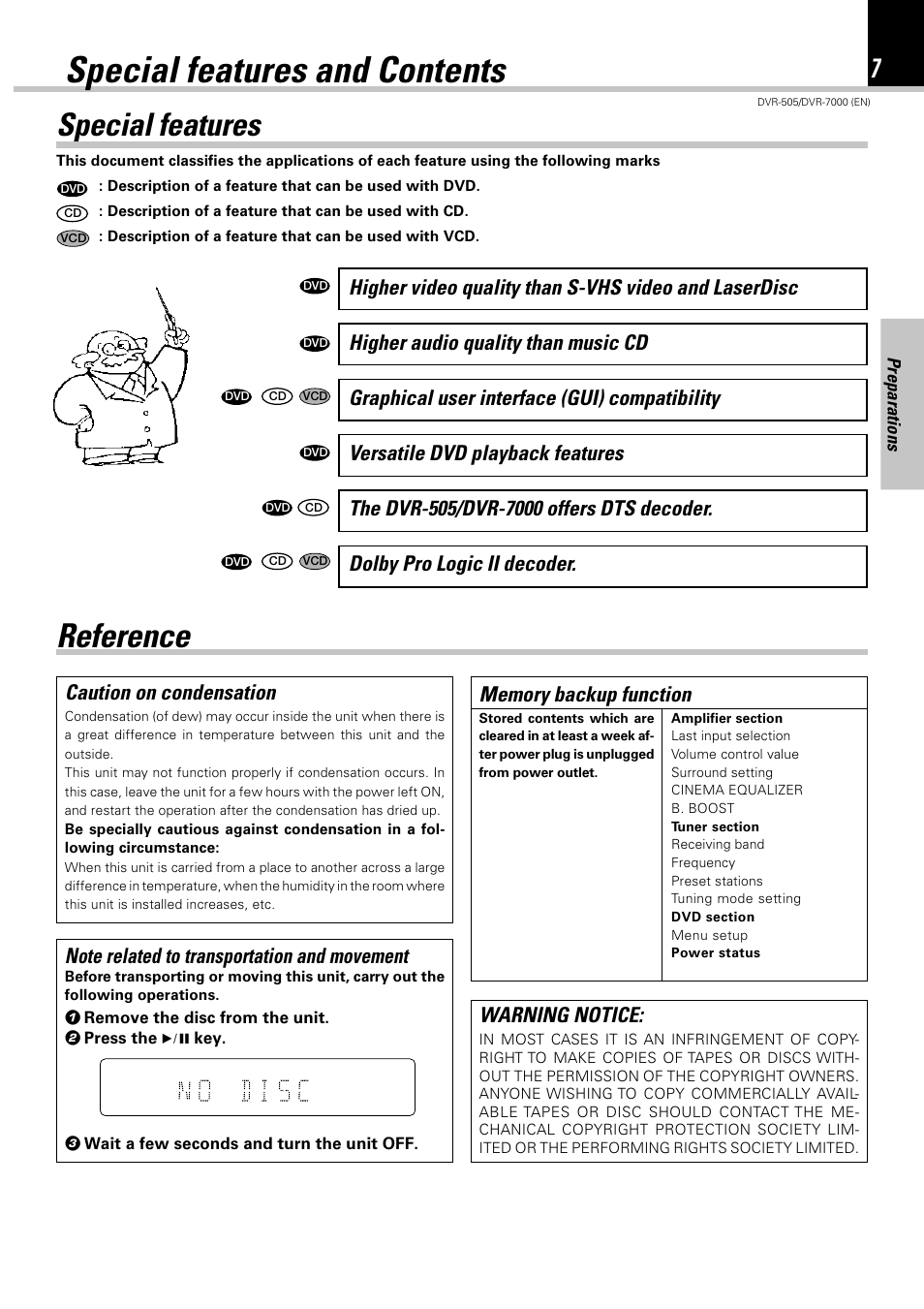 Special features and contents, Reference, Special features | Caution on condensation | Kenwood DVR-505 User Manual | Page 7 / 68