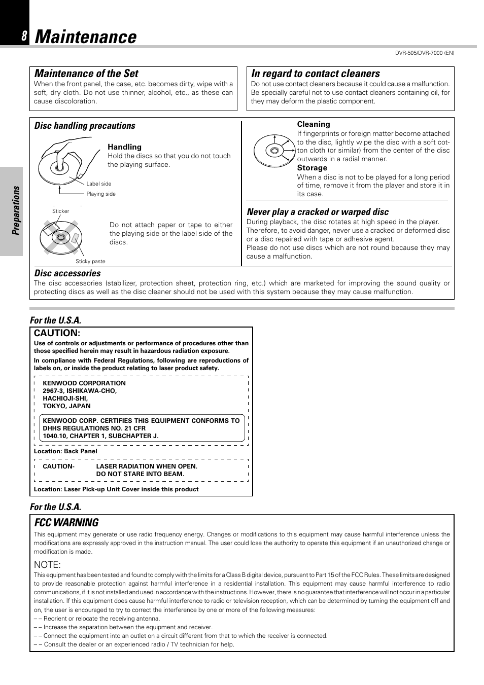 Maintenance, Maintenance of the set, Fcc warning | Preparations, Disc handling precautions disc accessories, Never play a cracked or warped disc, For the u.s.a | Kenwood DVR-505 User Manual | Page 8 / 68