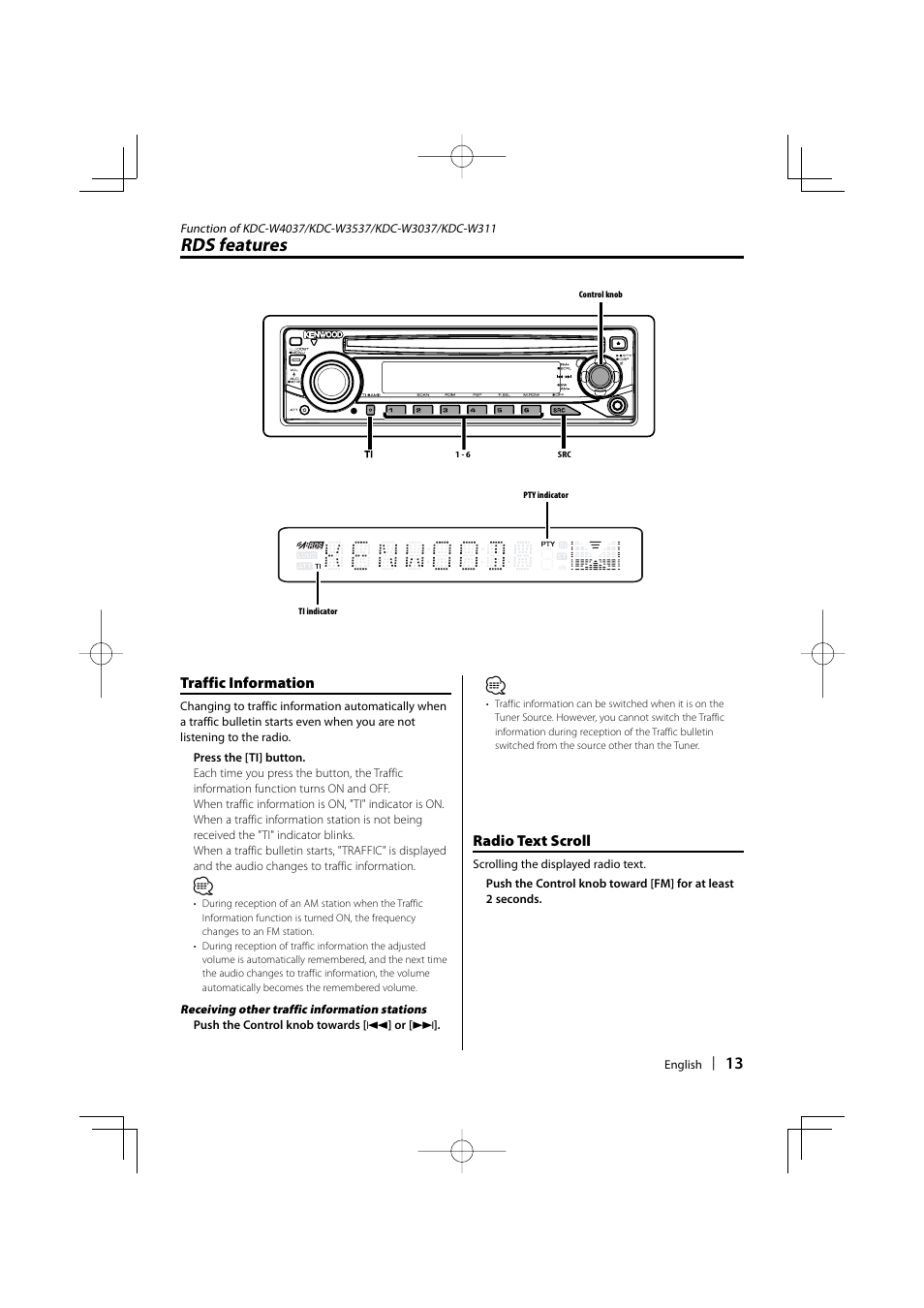 Rds features | Kenwood KDC-W4037 User Manual | Page 13 / 36