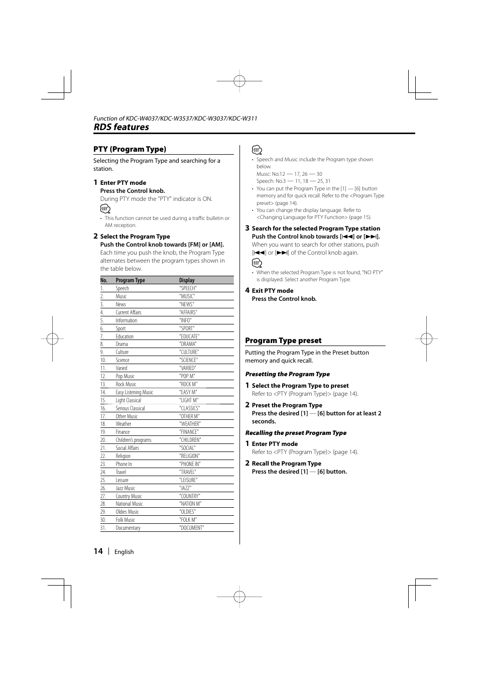 Rds features, Pty (program type), Program type preset | Kenwood KDC-W4037 User Manual | Page 14 / 36