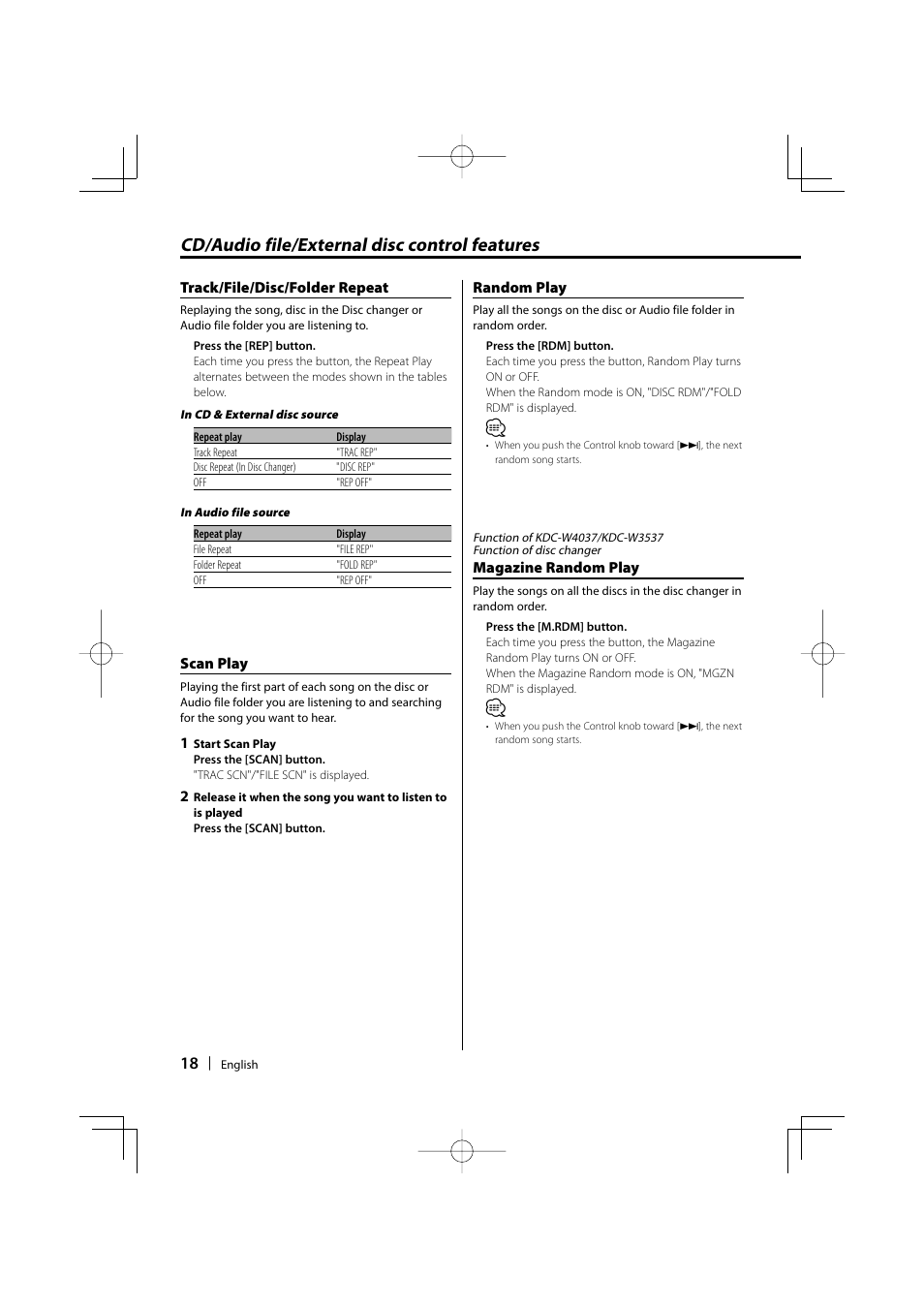 Cd/audio file/external disc control features | Kenwood KDC-W4037 User Manual | Page 18 / 36