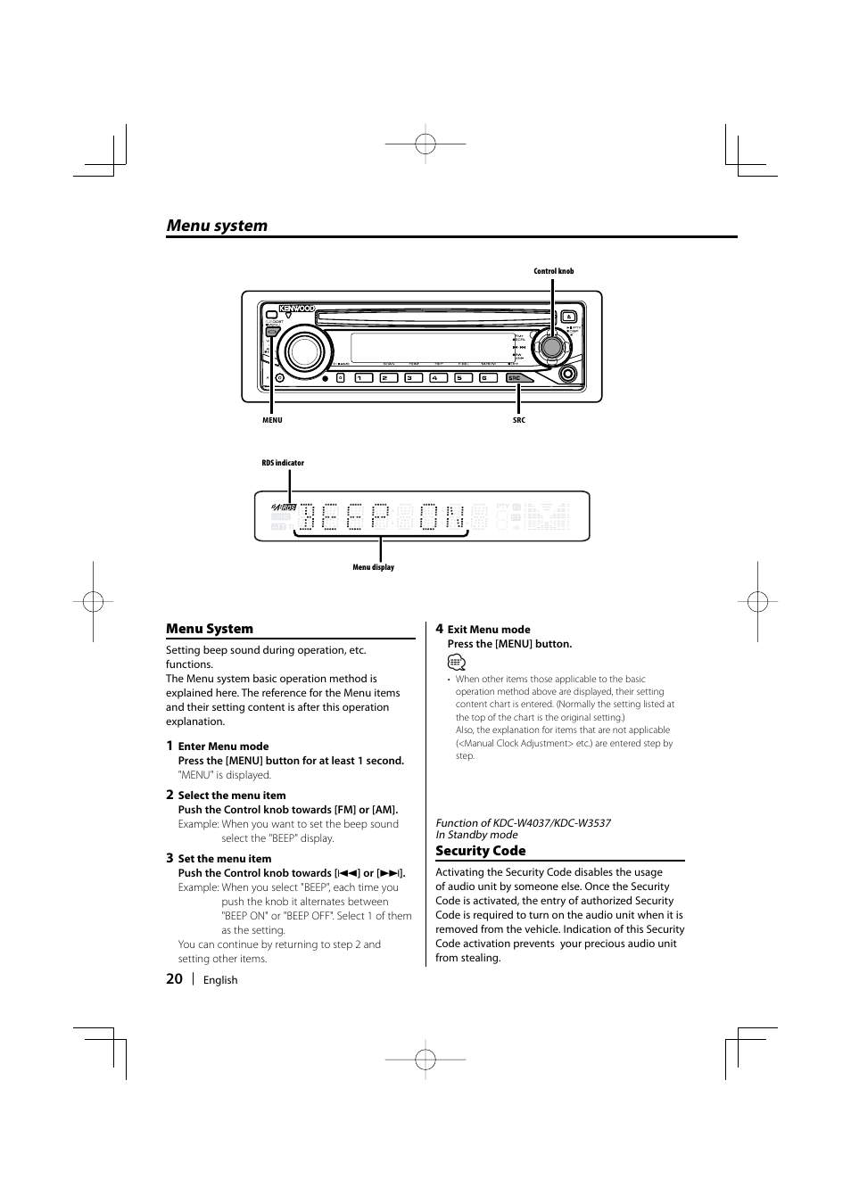 Menu system | Kenwood KDC-W4037 User Manual | Page 20 / 36